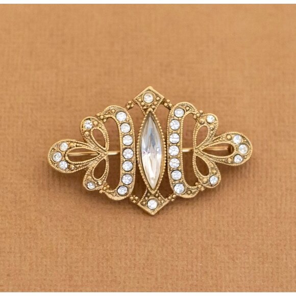 Vintage Victorian Faux Diamond Rhinestones Gold Tone Symbolic Brooch - Y2 - Picture 1 of 2